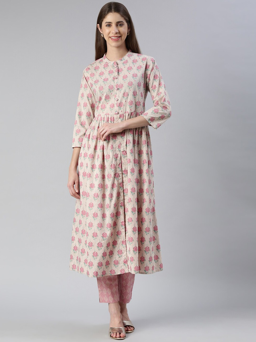 

Neerus Floral Printed Band Collar Pleated Kurta With Trousers, Pink