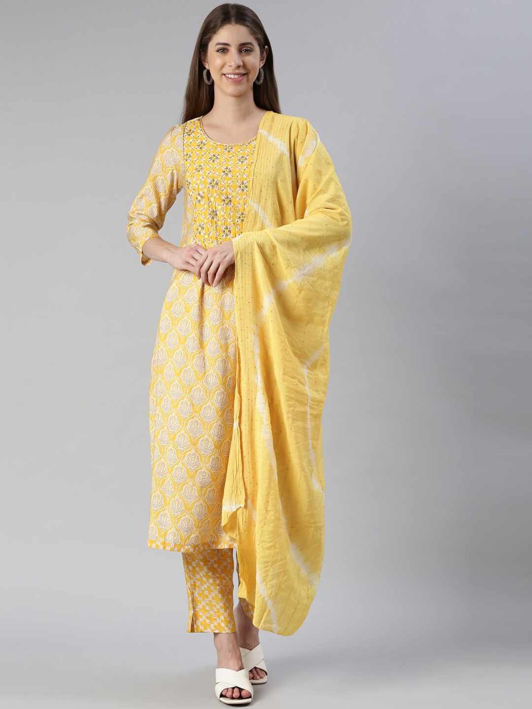 

Neerus Floral Printed Mirror Work Kurta With Trousers & Dupatta, Yellow