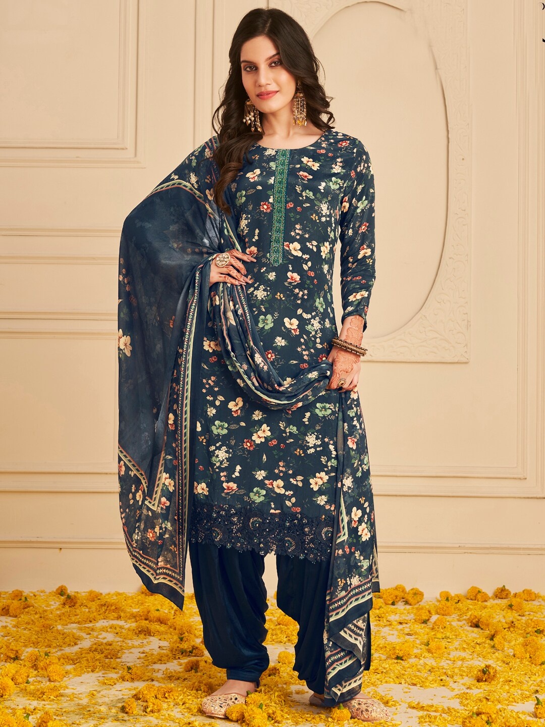 

Stylee LIFESTYLE Printed Silk Crepe Unstitched Dress Material, Navy blue