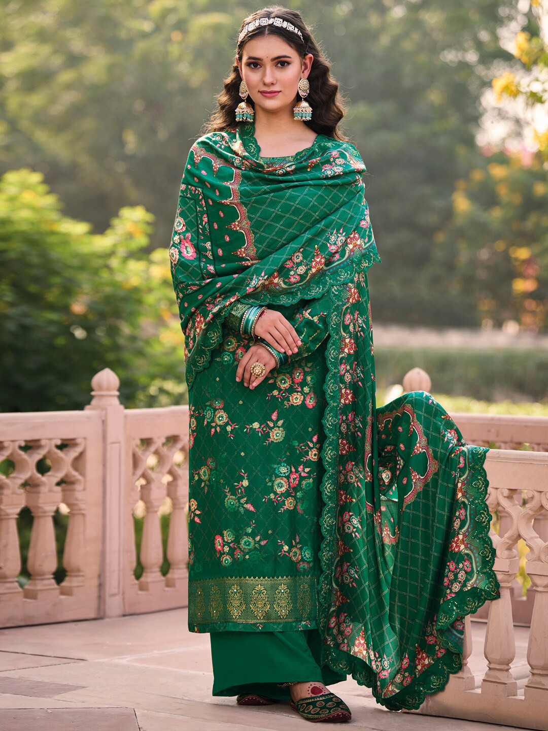 

Stylee LIFESTYLE Printed Pure Silk Unstitched Dress Material, Green