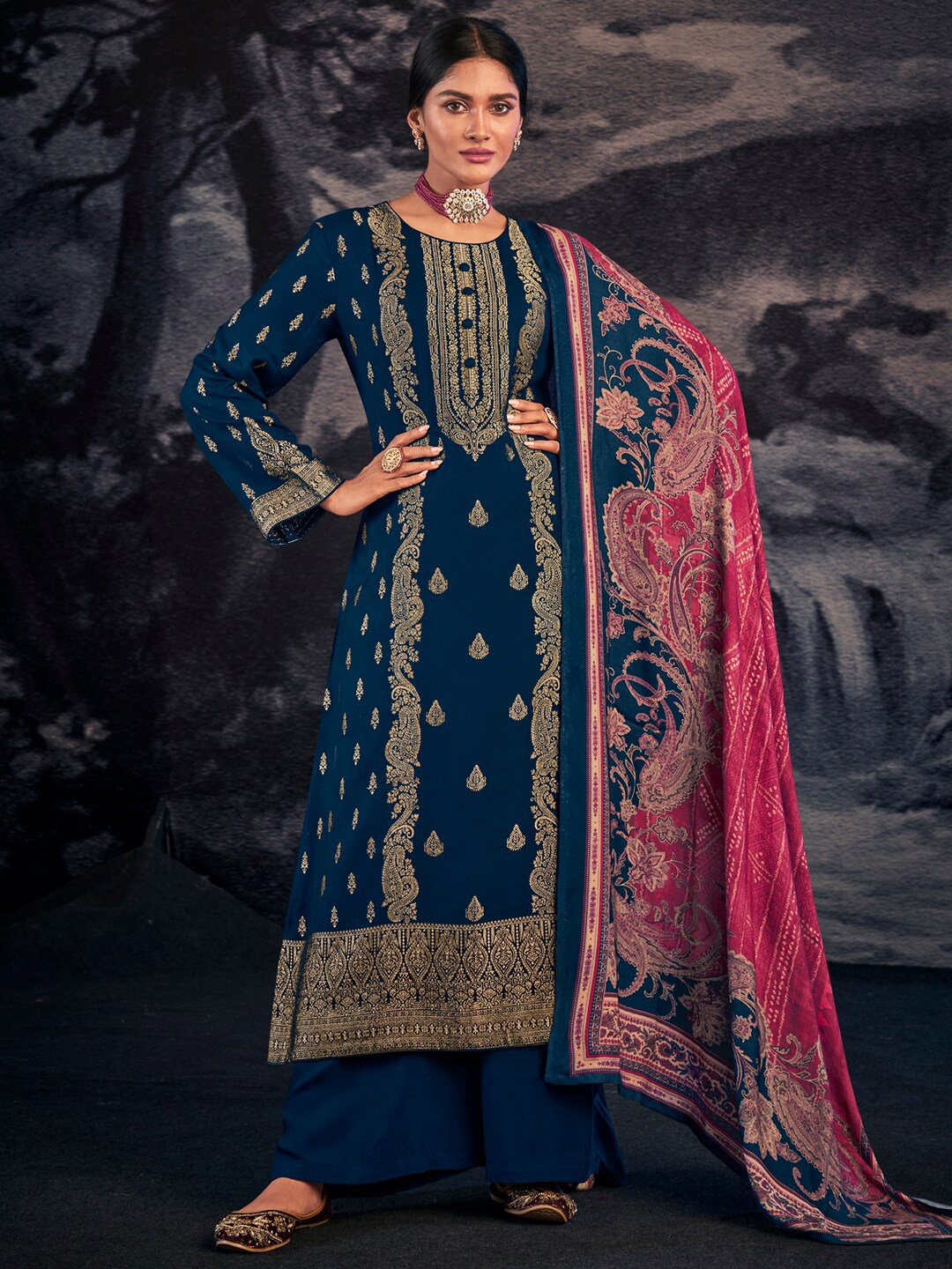 

Stylee LIFESTYLE Floral Printed Unstitched Dress Material, Navy blue