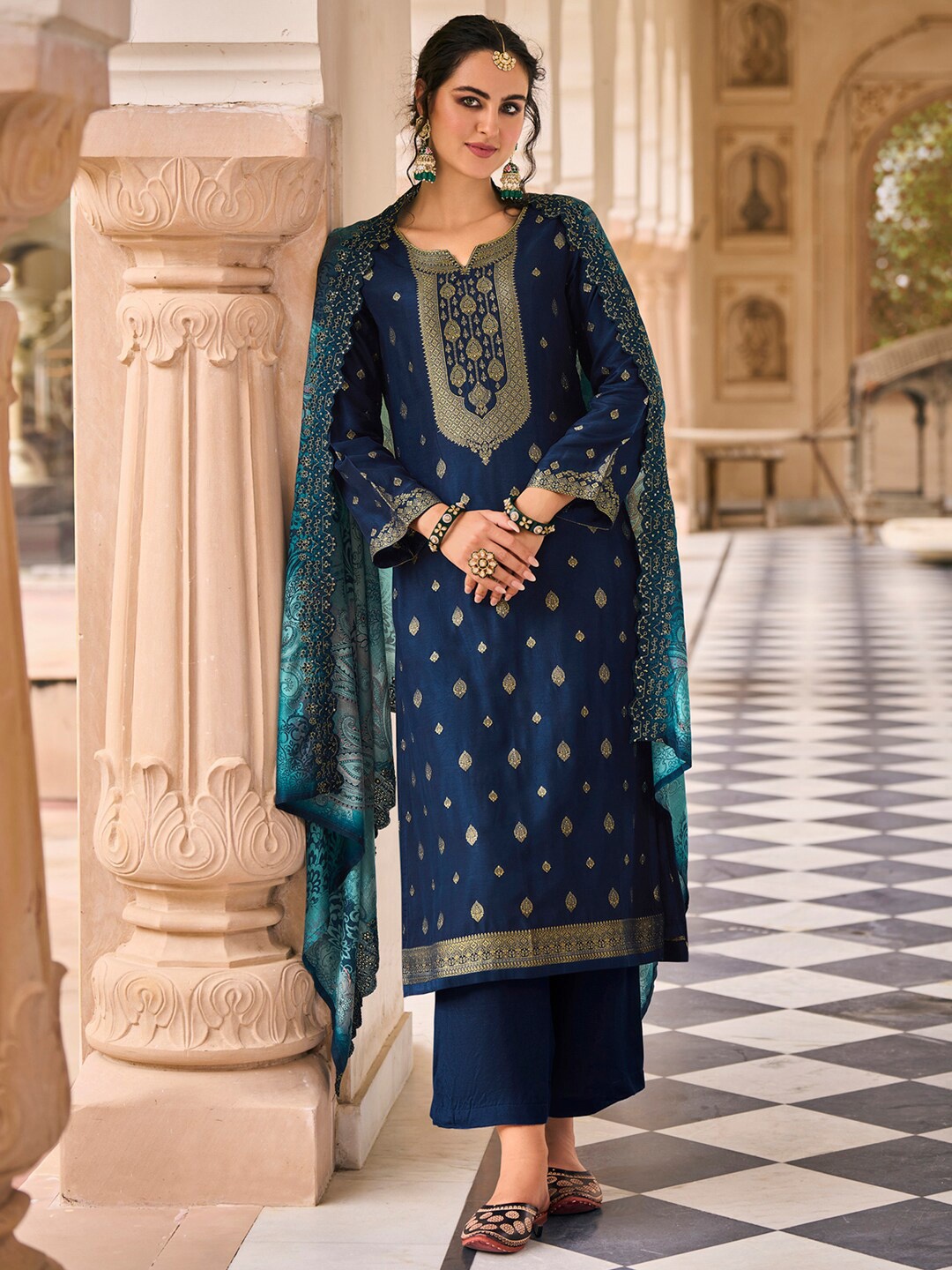 

Stylee LIFESTYLE Pure Silk Unstitched Dress Material, Navy blue