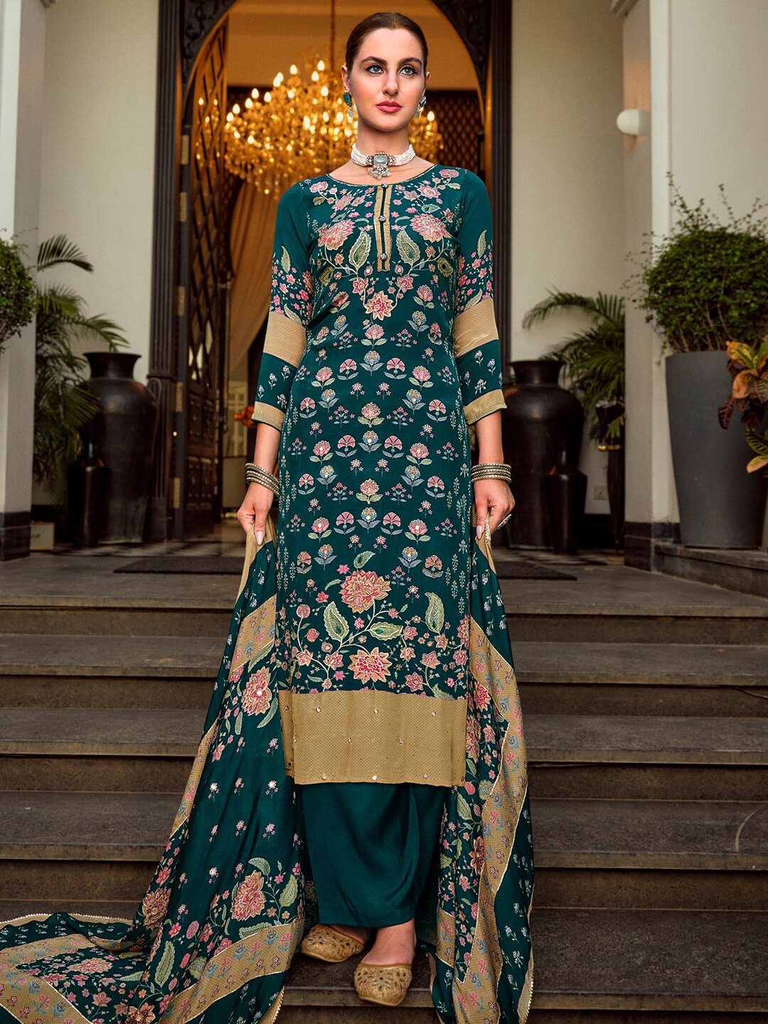 

Stylee LIFESTYLE Embroidered Silk Crepe Unstitched Dress Material, Teal