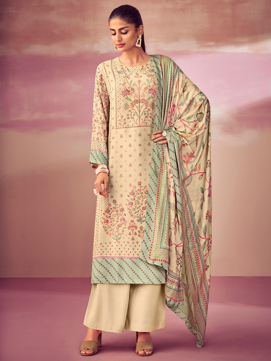 

Stylee LIFESTYLE Floral Printed Unstitched Dress Material, Beige