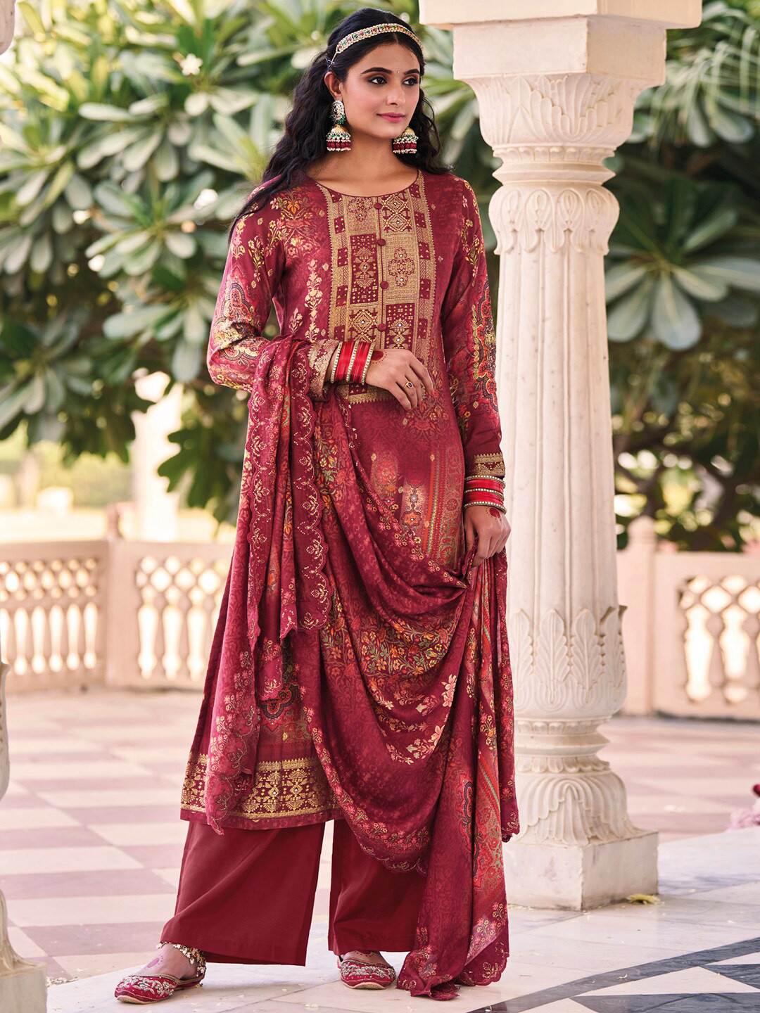 

Stylee LIFESTYLE Printed Pure Silk Unstitched Dress Material, Maroon