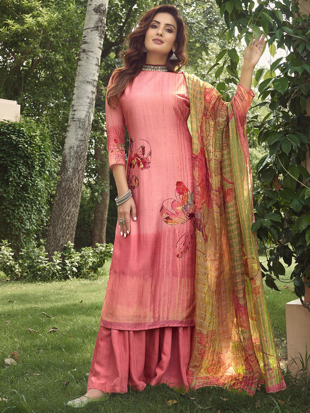 

Stylee LIFESTYLE Pink & Green Printed Pure Silk Unstitched Dress Material