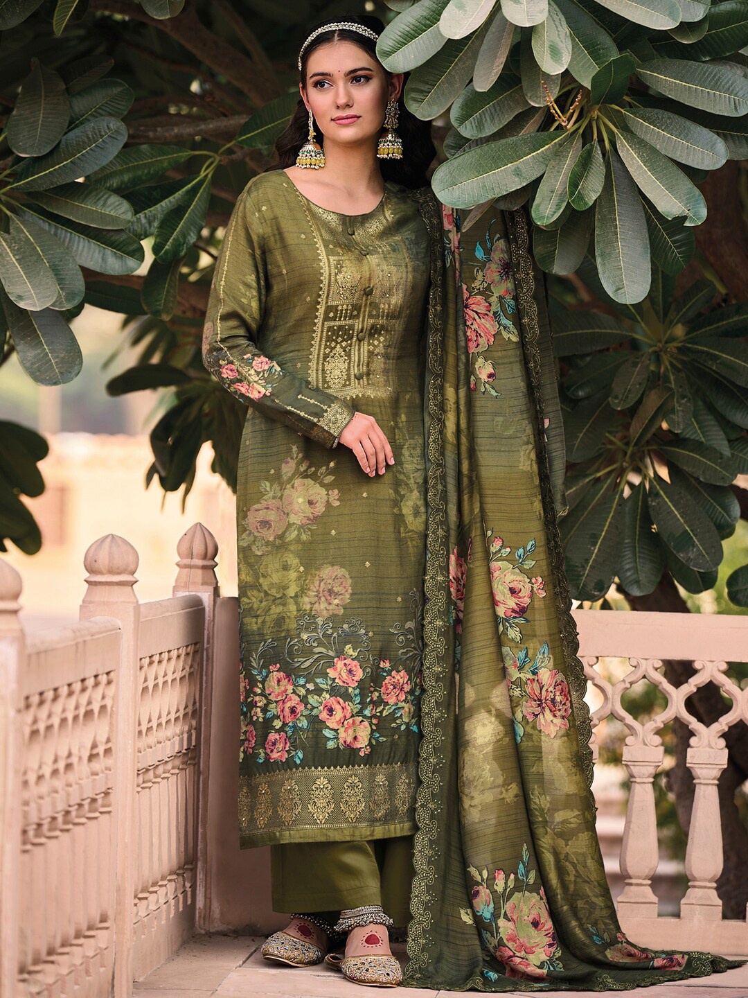 

Stylee LIFESTYLE Printed Pure Silk Unstitched Dress Material, Olive