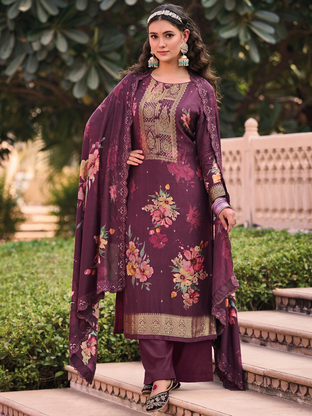 

Stylee LIFESTYLE Printed Pure Silk Unstitched Dress Material, Violet