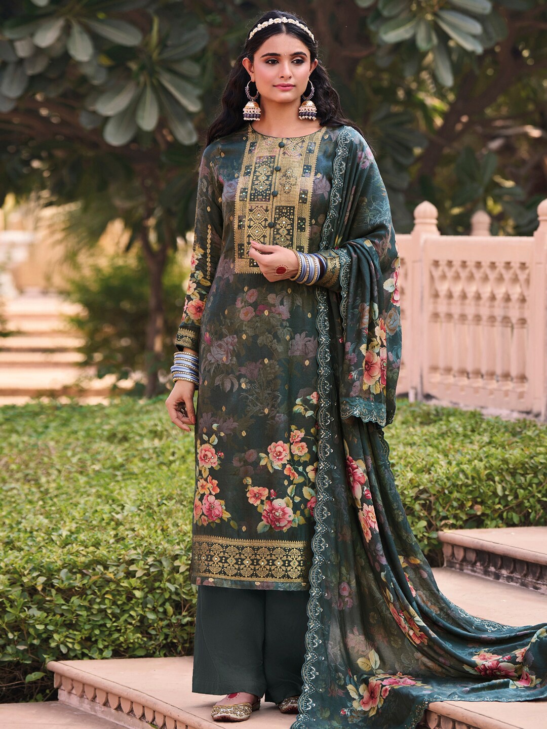 

Stylee LIFESTYLE Printed Pure Silk Unstitched Dress Material, Green