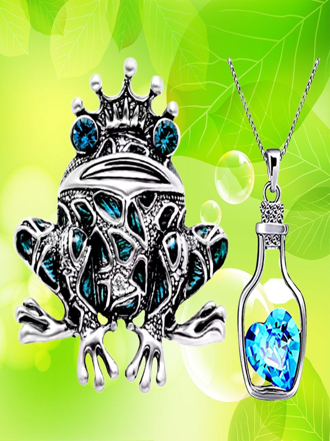 

UNIVERSITY TRENDZ Women Set Of Frog Brooch & Heart Crystal Pendant, Silver