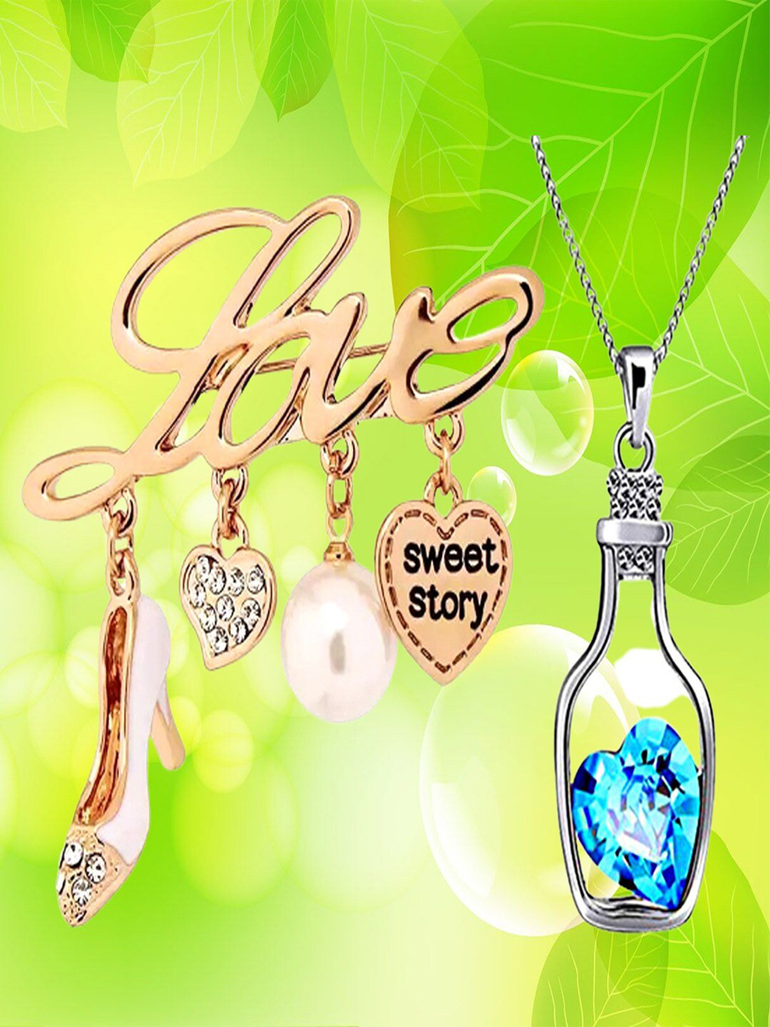 

UNIVERSITY TRENDZ Women Pearl Heel Heart Love Brooch & Heart Crystal Pendant Necklace, Gold