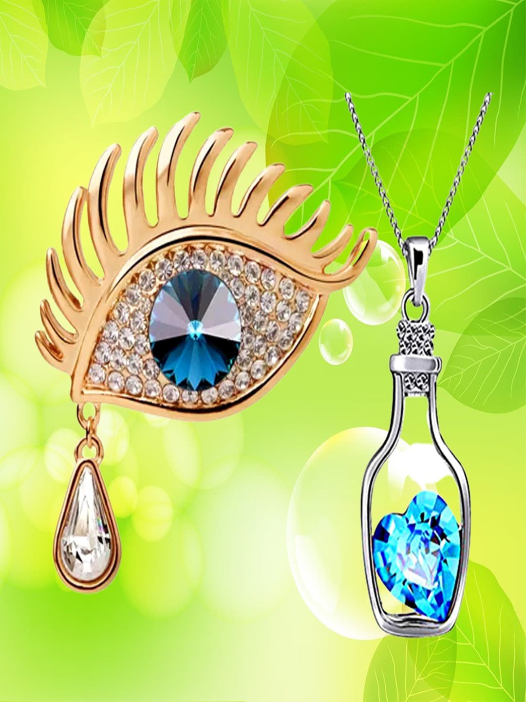 

UNIVERSITY TRENDZ Heart Crystal Pendant Necklace & Angel Tears Crystal Brooch Set, Gold