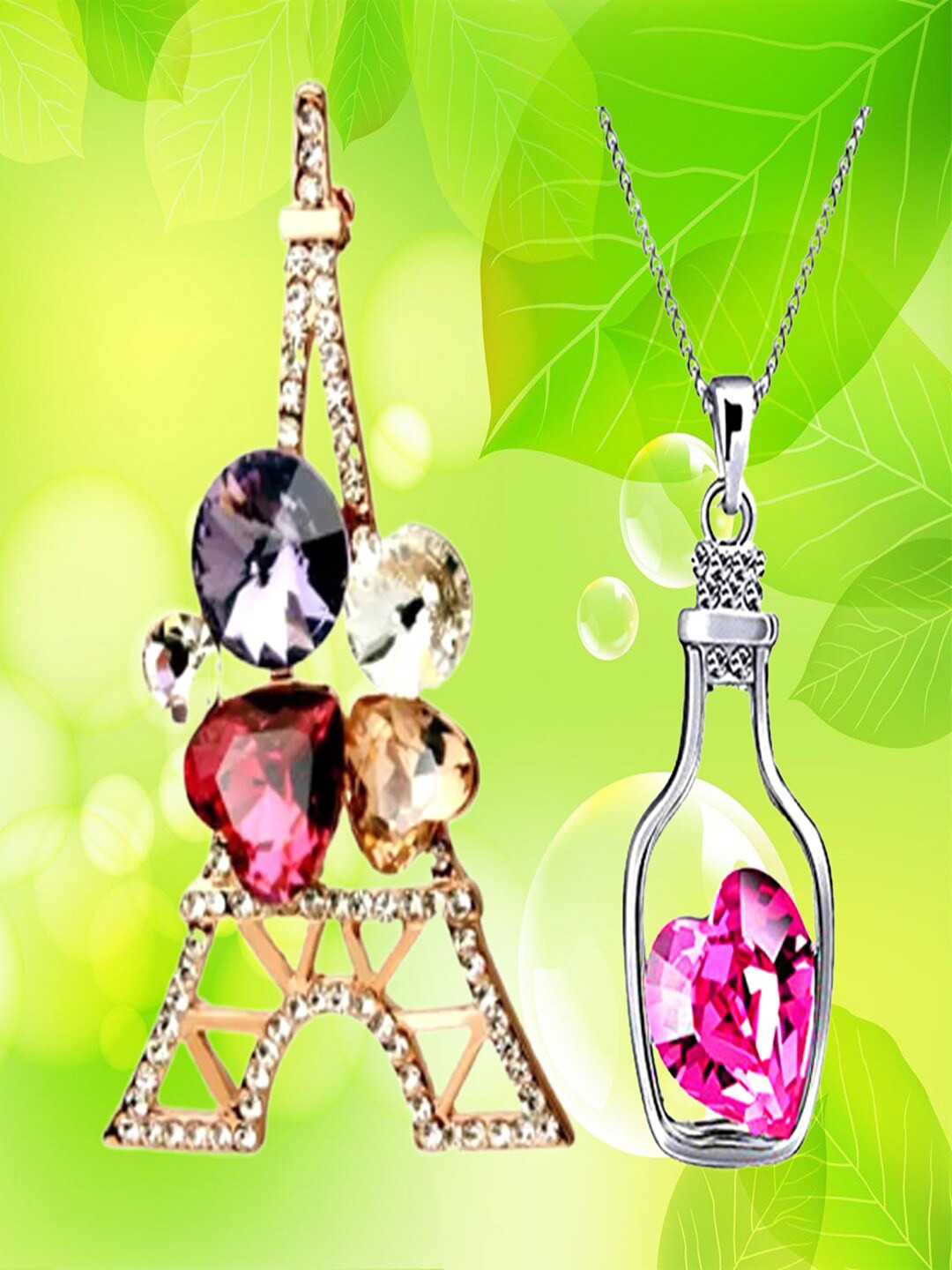 

UNIVERSITY TRENDZ Heart Crystal Pendant Necklace & Crystal Eiffel Tower Brooch Set, Silver