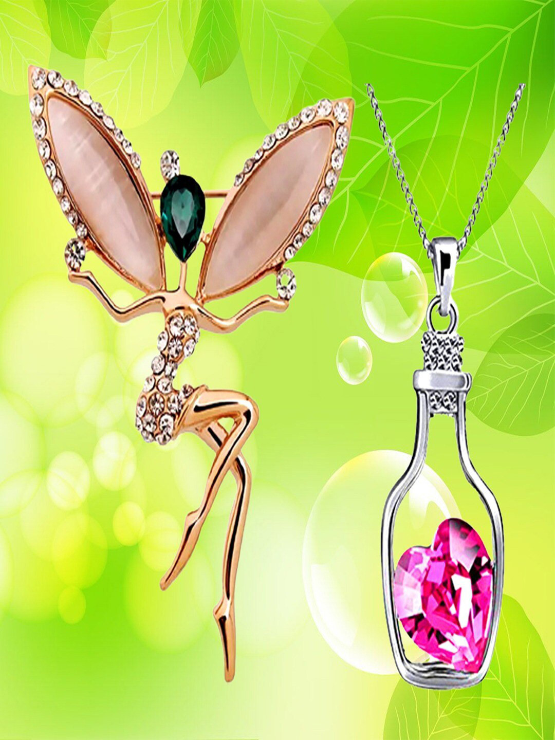 

UNIVERSITY TRENDZ Women Heart Crystal Pendant Necklace & Crystal Studded Fairy Brooch, Gold