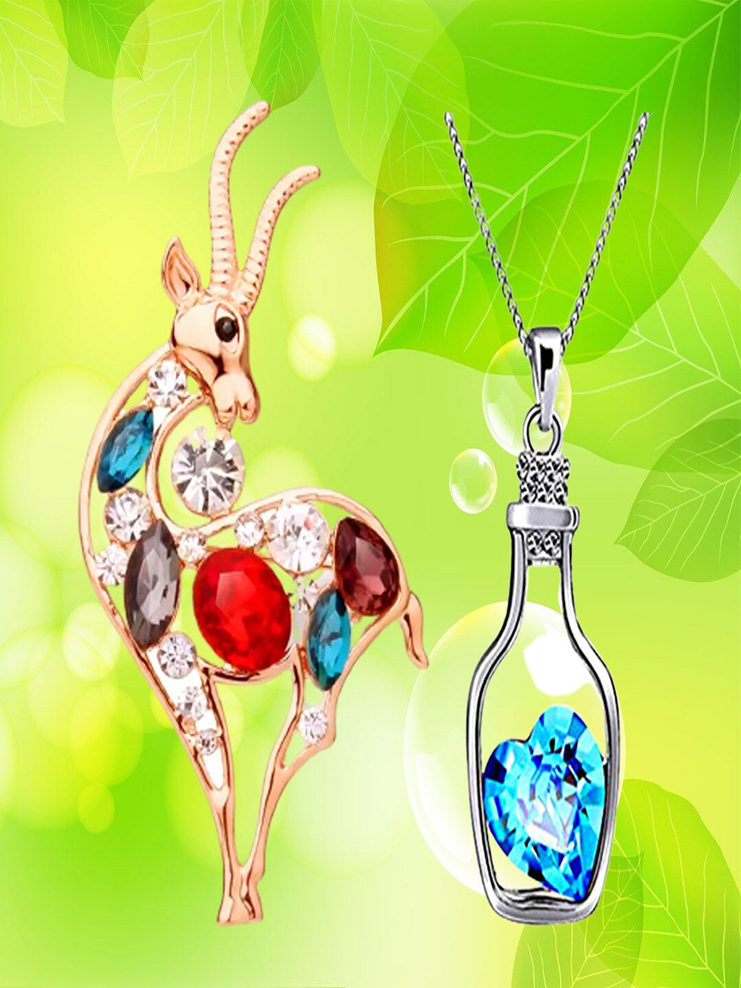 

UNIVERSITY TRENDZ Women Heart Crystal Pendant Necklace & Crystal Studded Goat Style Brooch, Blue