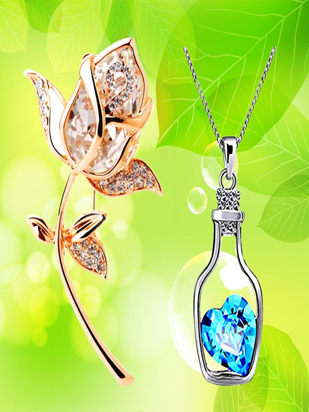 

UNIVERSITY TRENDZ Women Set Of Heart Crystal Pendant & Crystal Studded Rose Petal Brooch, Gold