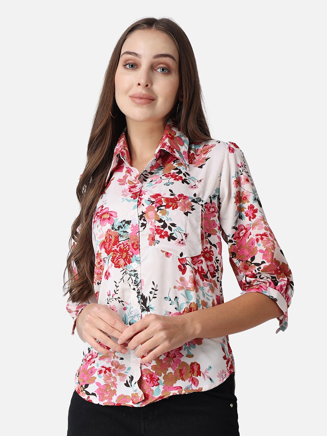 

Cation White & Pink Floral Printed Spread Collar Puff sleeves Classic Slim Fit Shirt