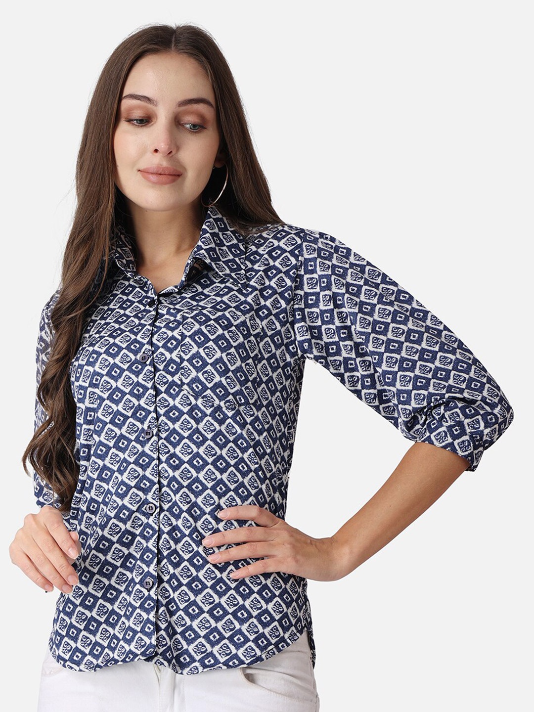 

Cation Navy Blue Geometric Printed Spread Collar Puff sleeves Classic Slim Fit Shirt