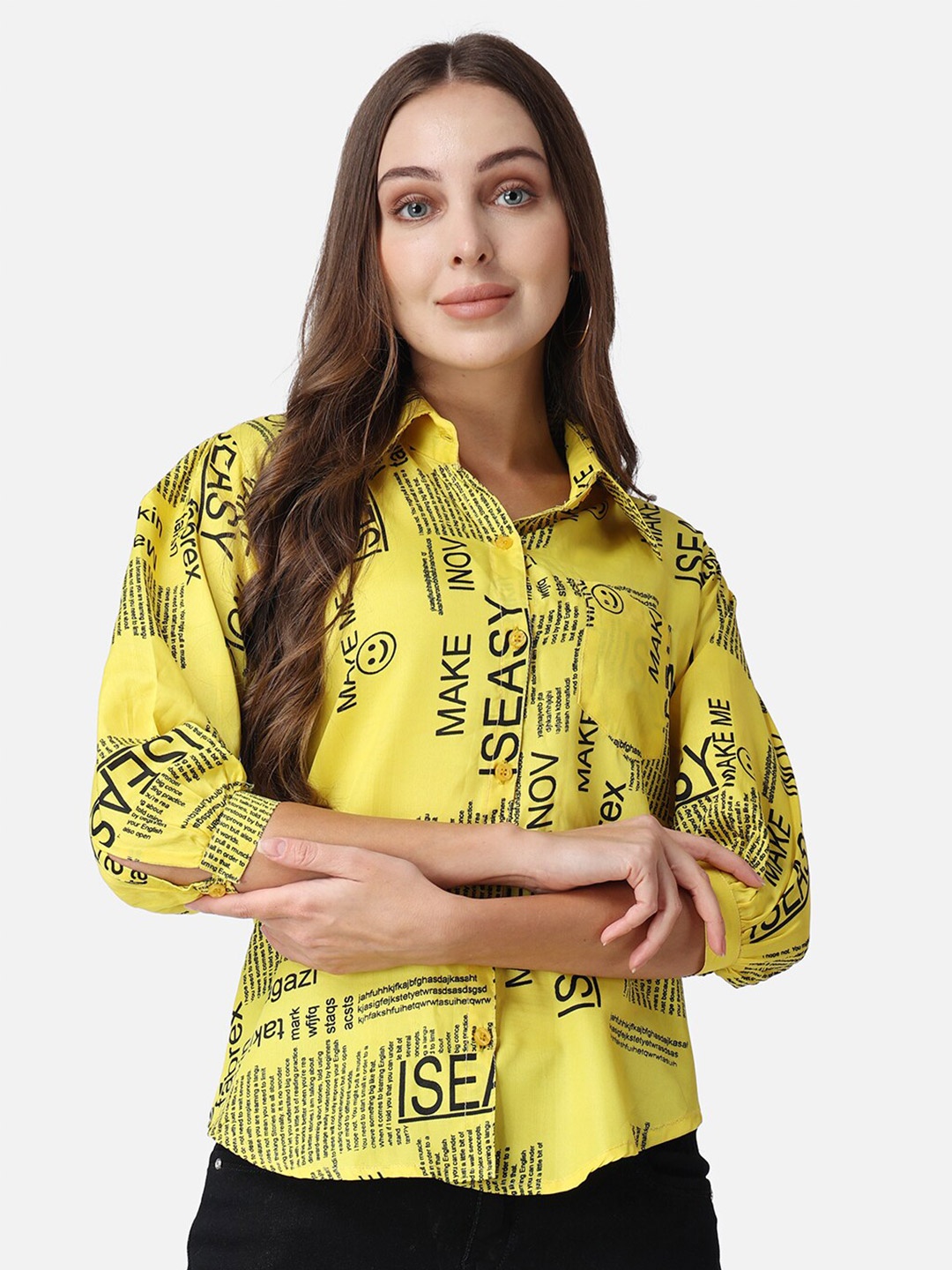 

Cation Yellow Typography Printed Spread Collar Slim Fit Casual Shirt