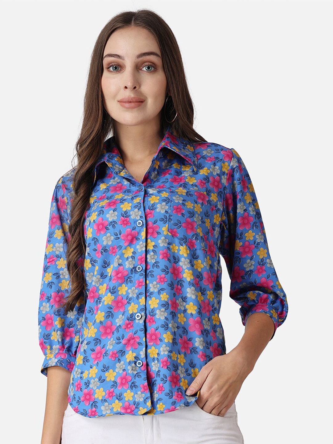 

Cation Blue And Pink Classic Slim Fit Floral Printed Casual Shirt