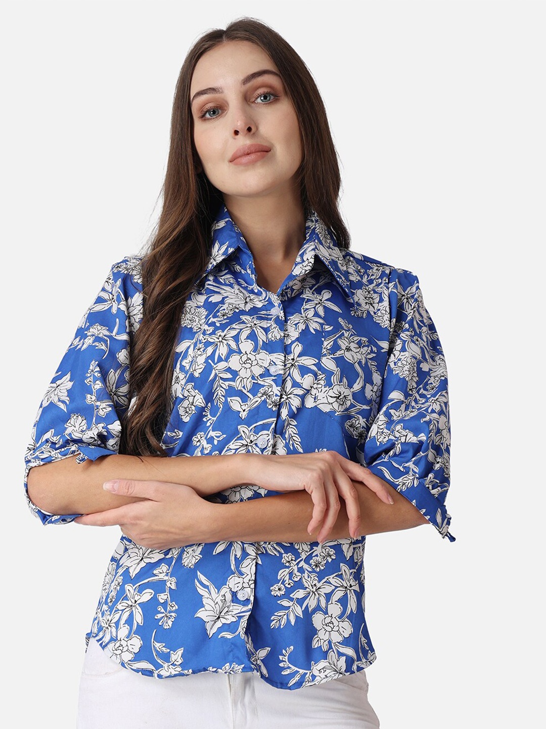 

Cation Blue Floral Printed Spread Collar Puff sleeves Classic Slim Fit Shirt