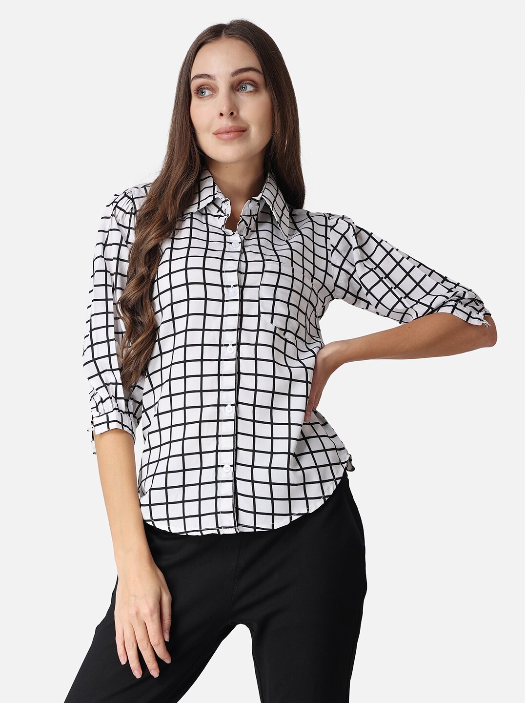 

Cation White And White Classic Slim Fit Gingham Checked Puffed Sleeves Casual Shirt