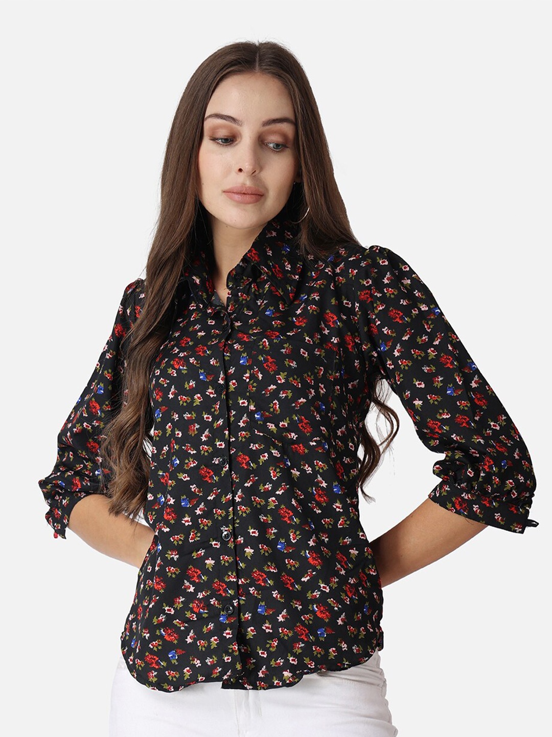 

Cation Black And Red Classic Slim Fit Floral Printed Casual Shirt