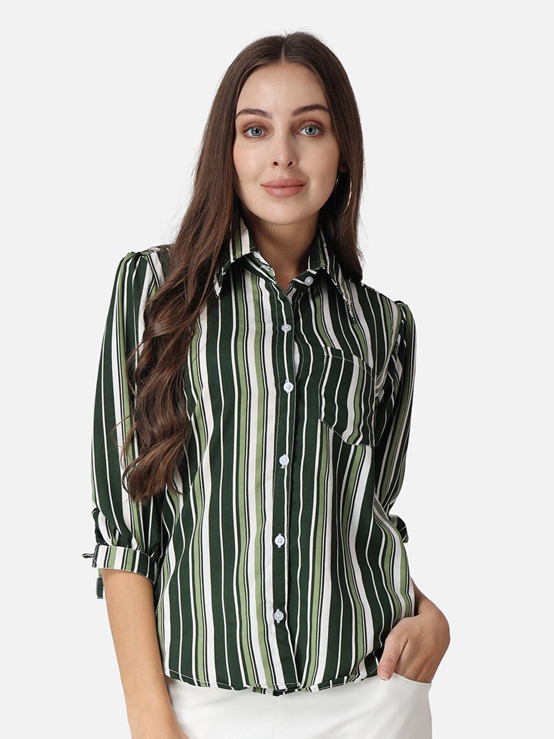 

Cation Olive Green Classic Slim Fit Vertical Striped Casual Shirt