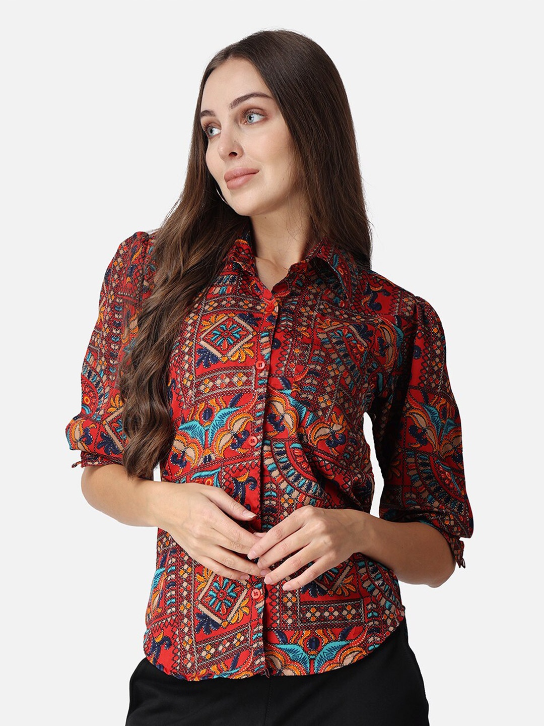 

Cation Red Classic Slim Fit Abstract Printed Casual Shirt