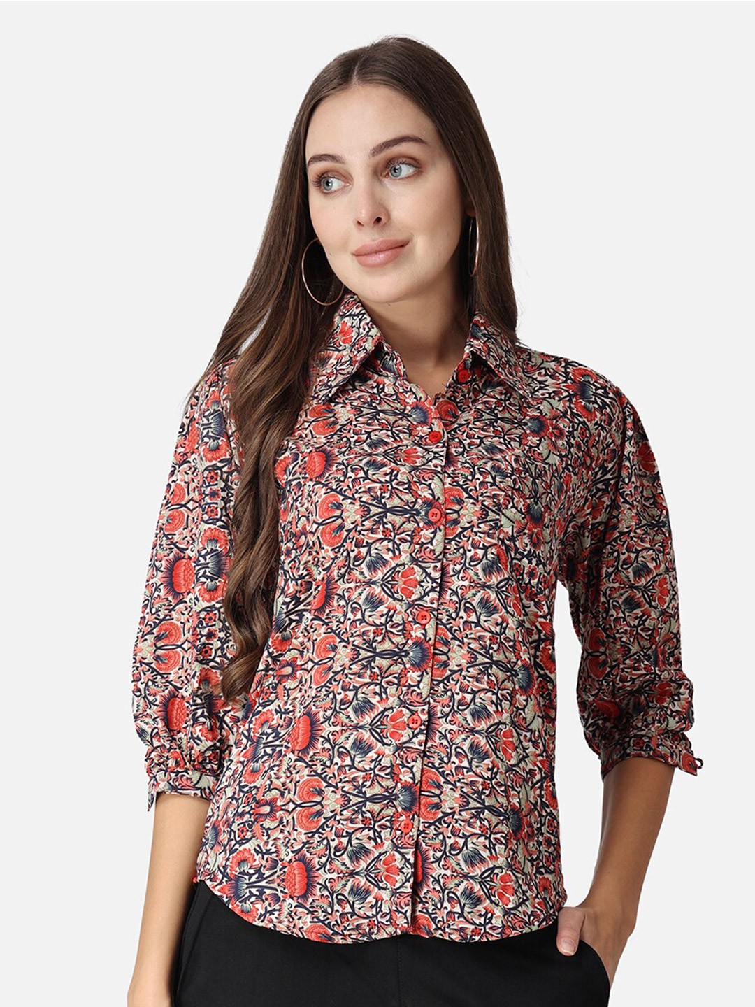 

Cation Red Classic Slim Fit Floral Printed Casual Shirt
