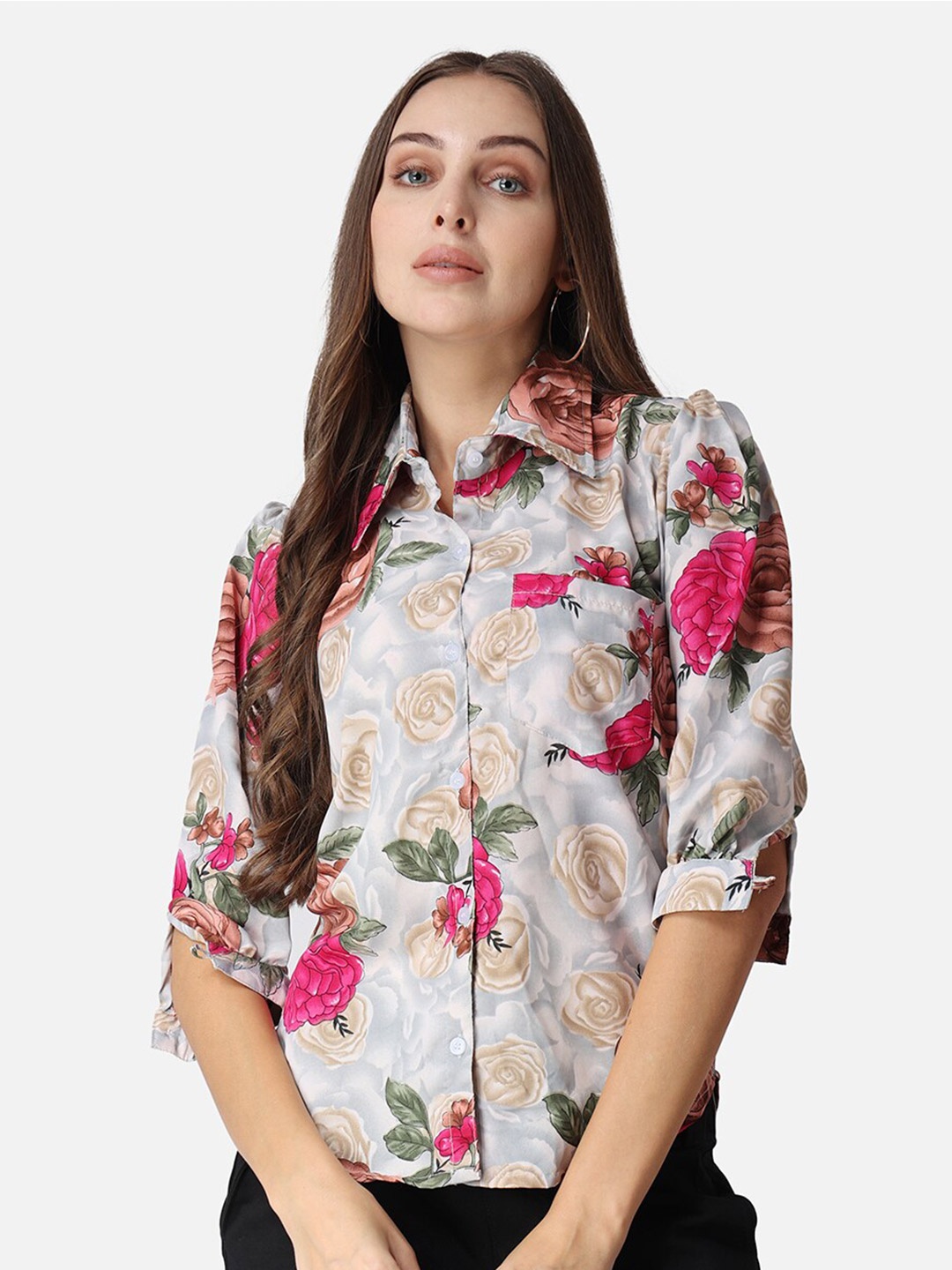 

Cation Grey And Pink Classic Slim Fit Floral Printed Puffed Sleeves Casual Shirt