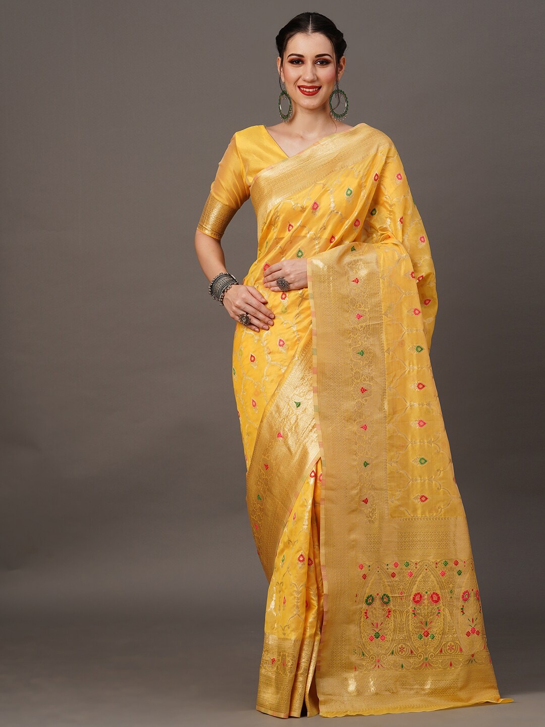 

Mitera Ethnic Motif Organza Banarasi Zari Saree With Blouse Piece, Yellow