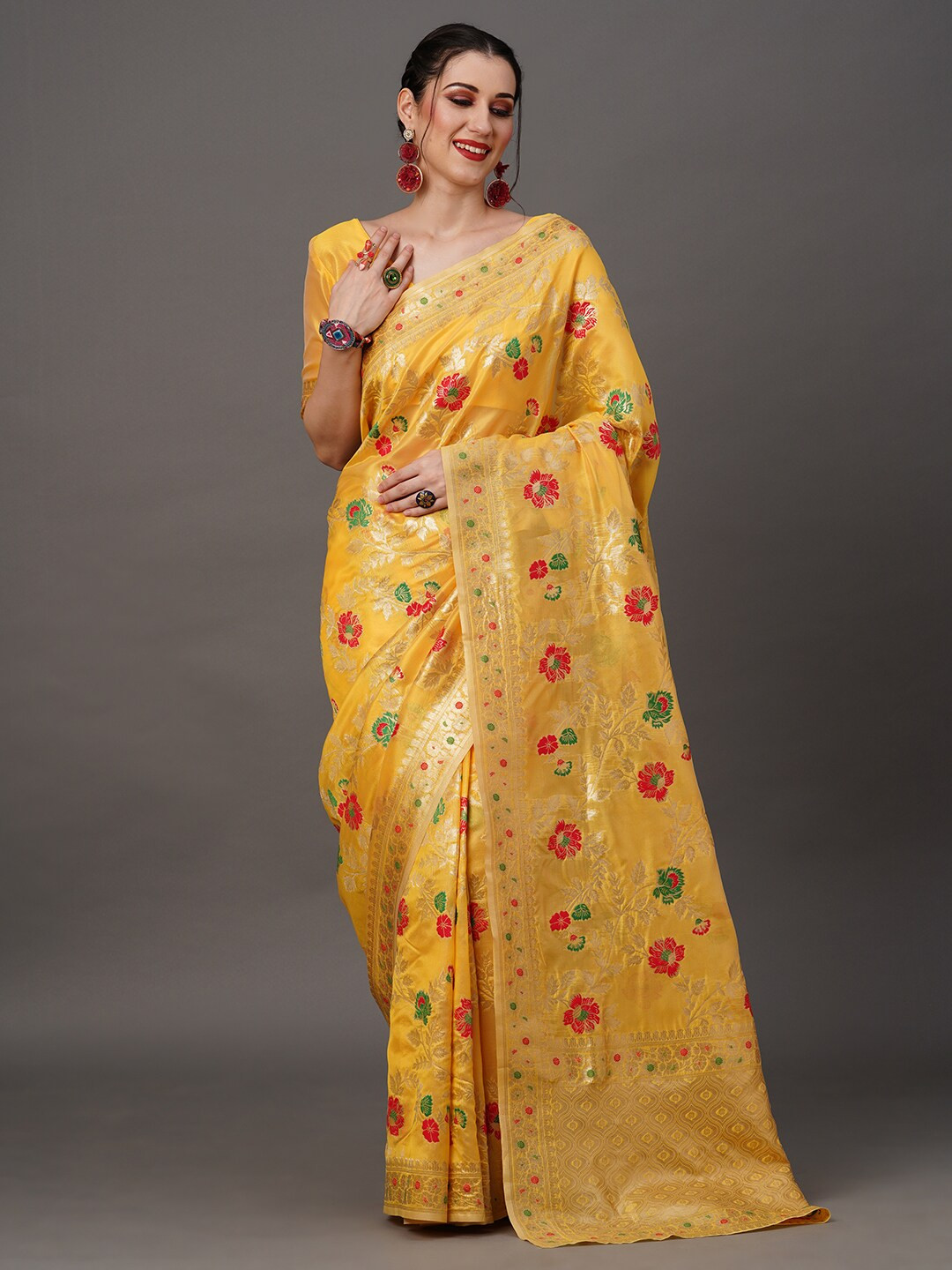 

Mitera Floral Organza Banarasi Zari Saree With Blouse Piece, Yellow
