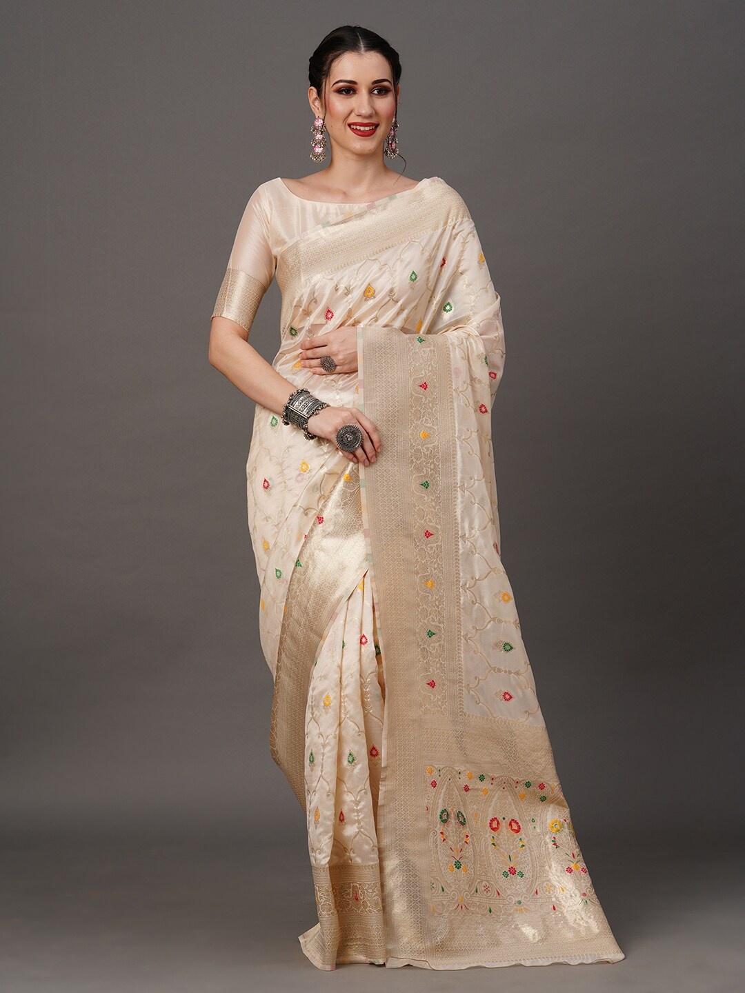

Mitera Ethnic Motif Organza Banarasi Zari Saree With Blouse Piece, Cream