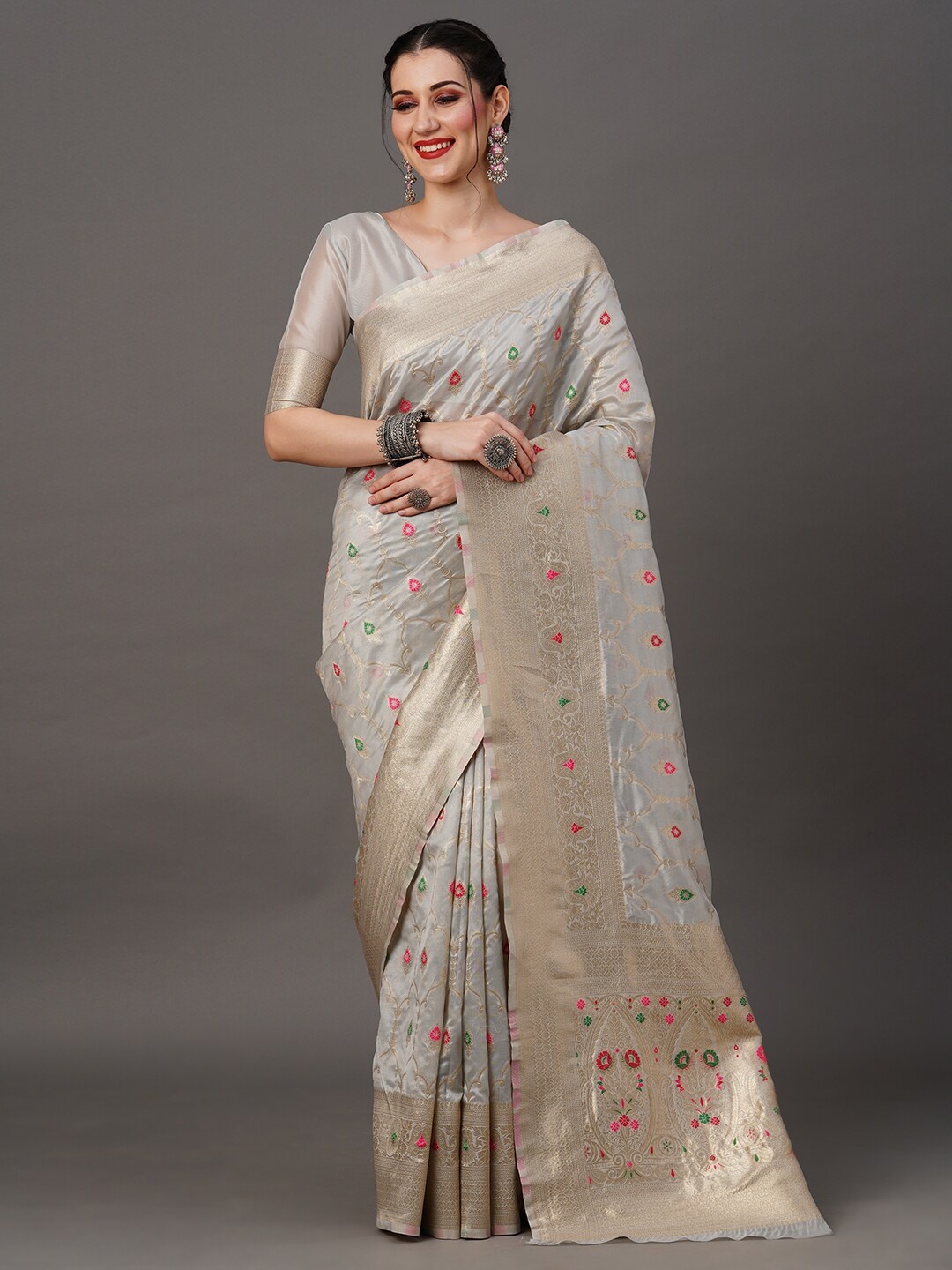 

Mitera Ethnic Motif Organza Banarasi Zari Saree With Blouse Piece, Grey