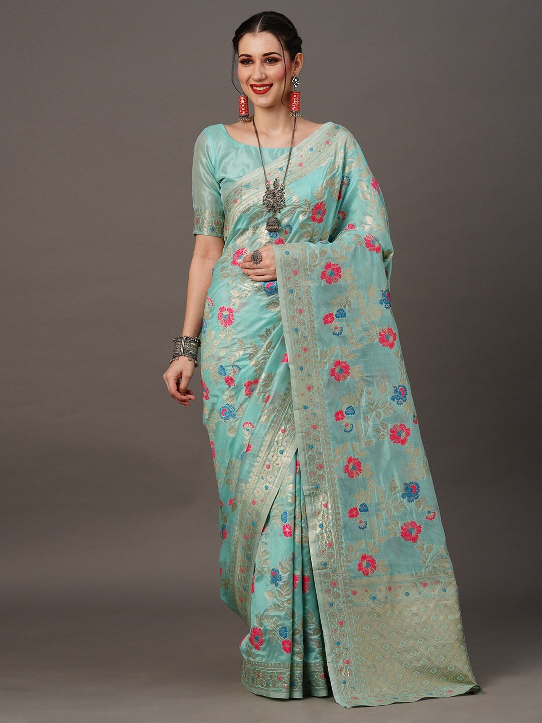 

Mitera Floral Organza Banarasi Zari Saree With Blouse Piece, Blue