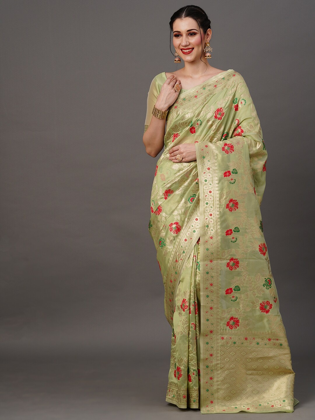 

Mitera Green & Red Ethnic Motifs Woven Design Zari Banarasi Saree
