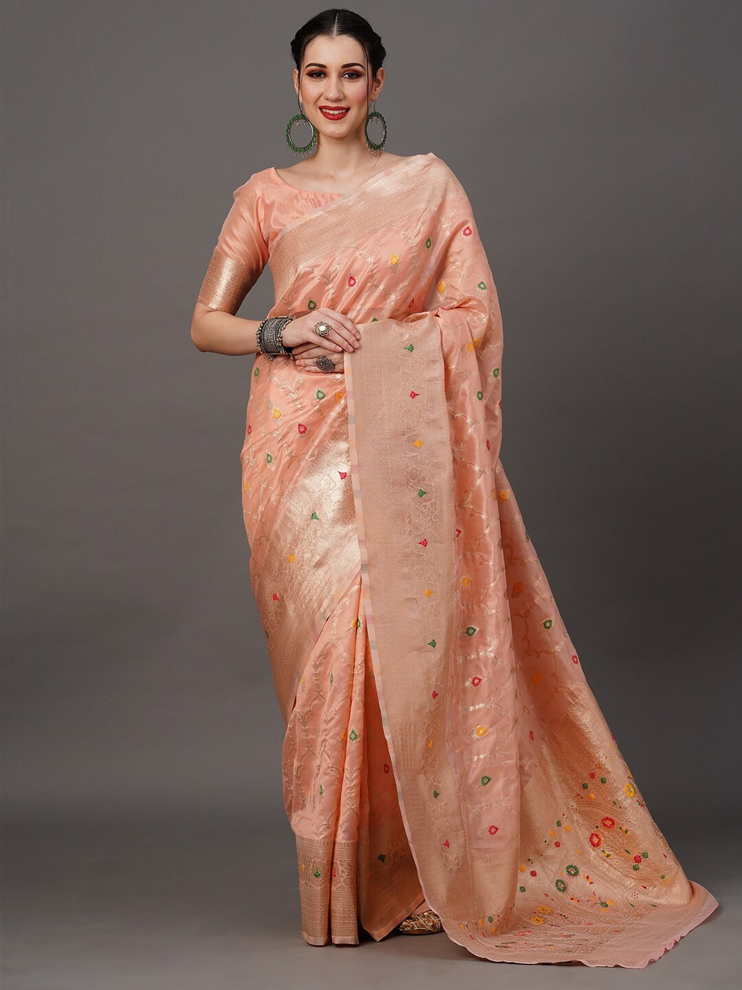 

Mitera Ethnic Motif Organza Banarasi Zari Saree With Blouse Piece, Peach