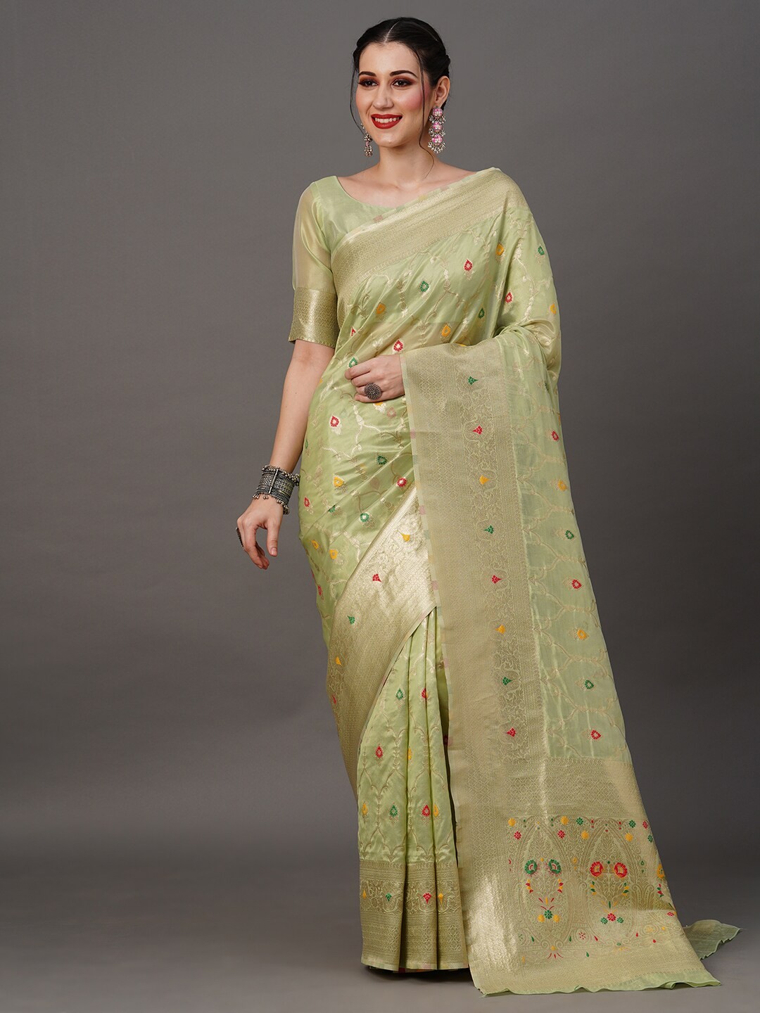 

Mitera Ethnic Motif Organza Banarasi Zari Saree With Blouse Piece, Green