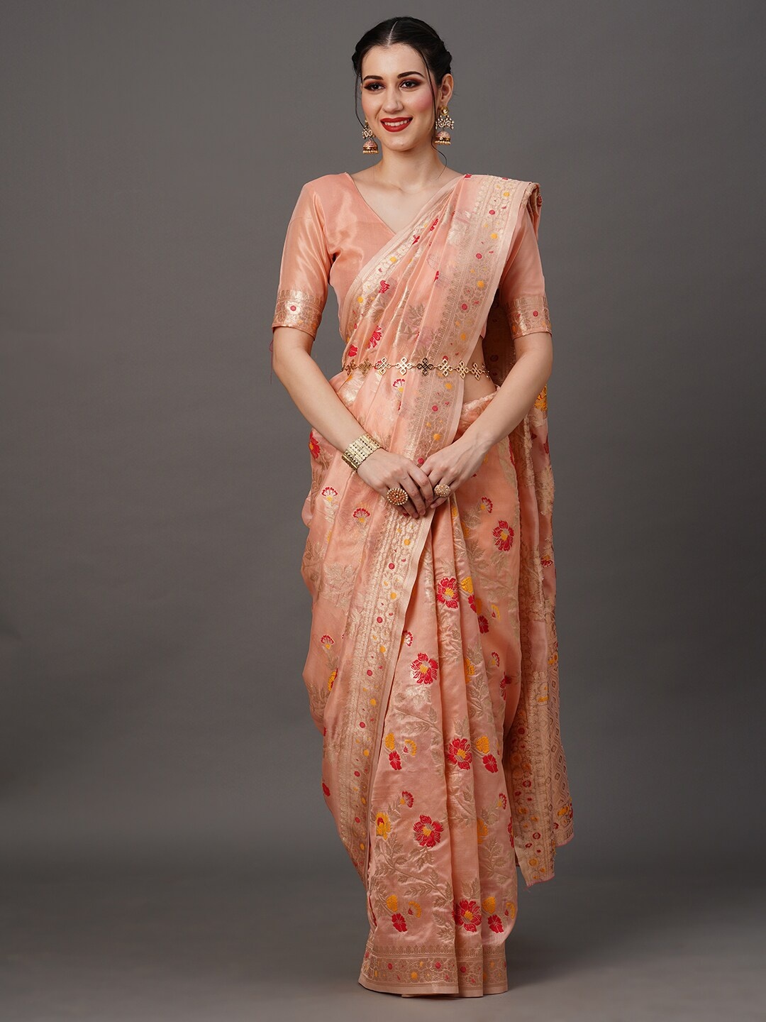

Mitera Peach-Coloured & Gold-Toned Ethnic Motifs Woven Design Zari Banarasi Saree