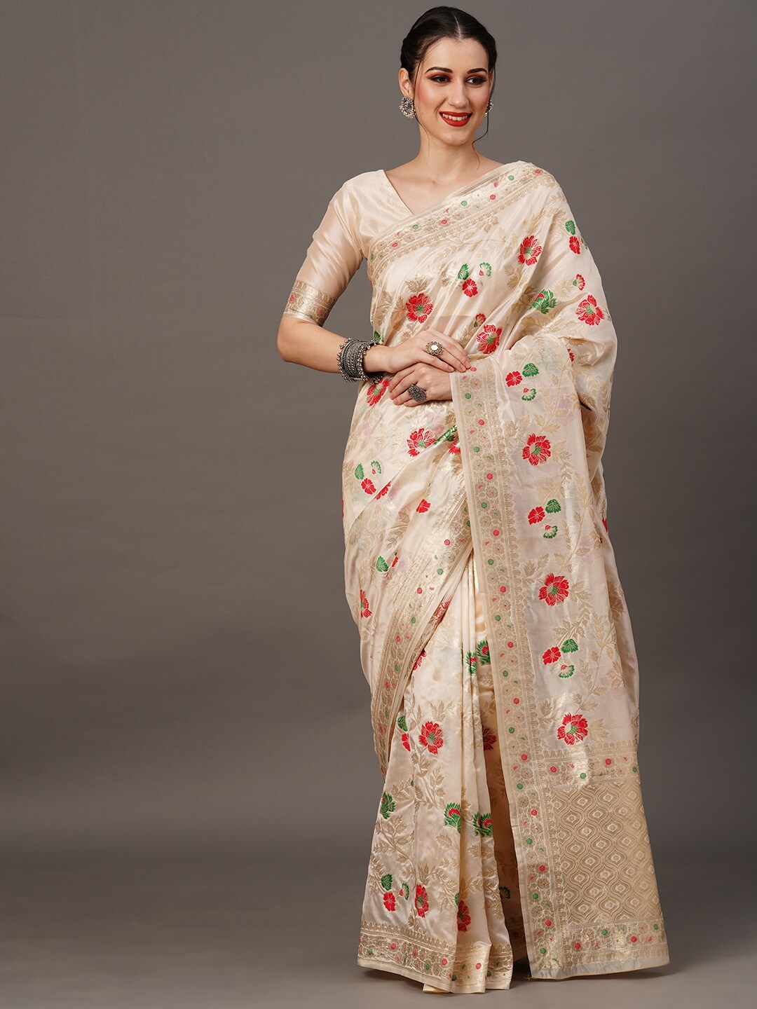 

Mitera Floral Organza Banarasi Zari Saree With Blouse Piece, Cream