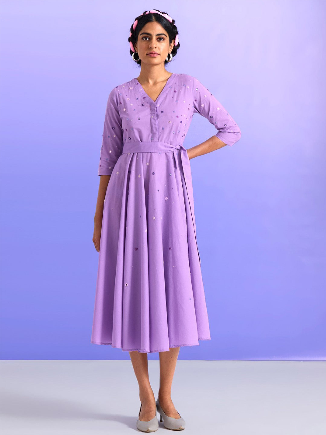 

OKHAI Frieda Floral Floral Embroidered Mirror Work Pure Cotton Fit And Flare Midi Dress, Purple