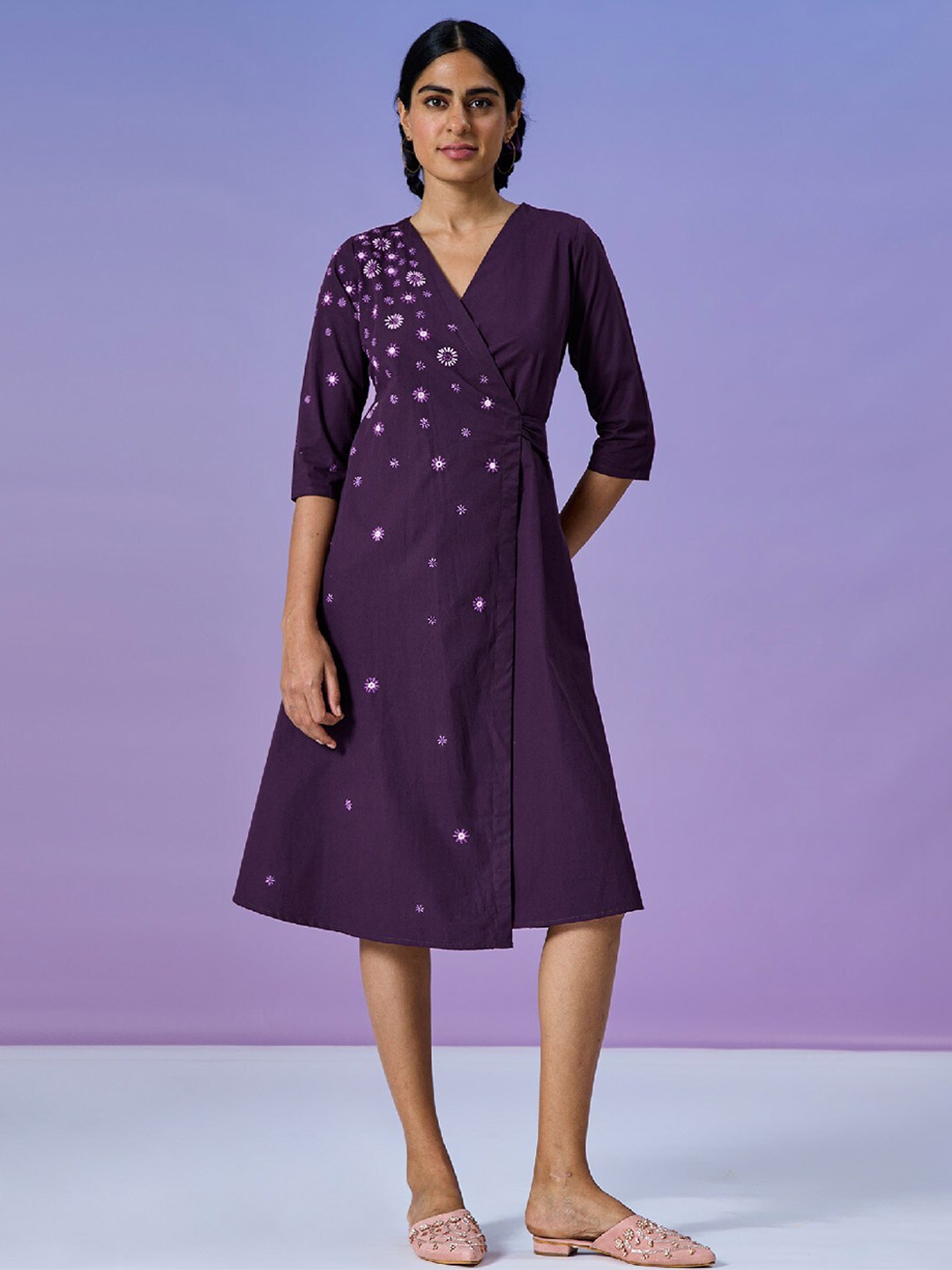 

OKHAI Frieda Floral Embroidered Mirror Work Pure Cotton Wrap Midi Dress, Purple