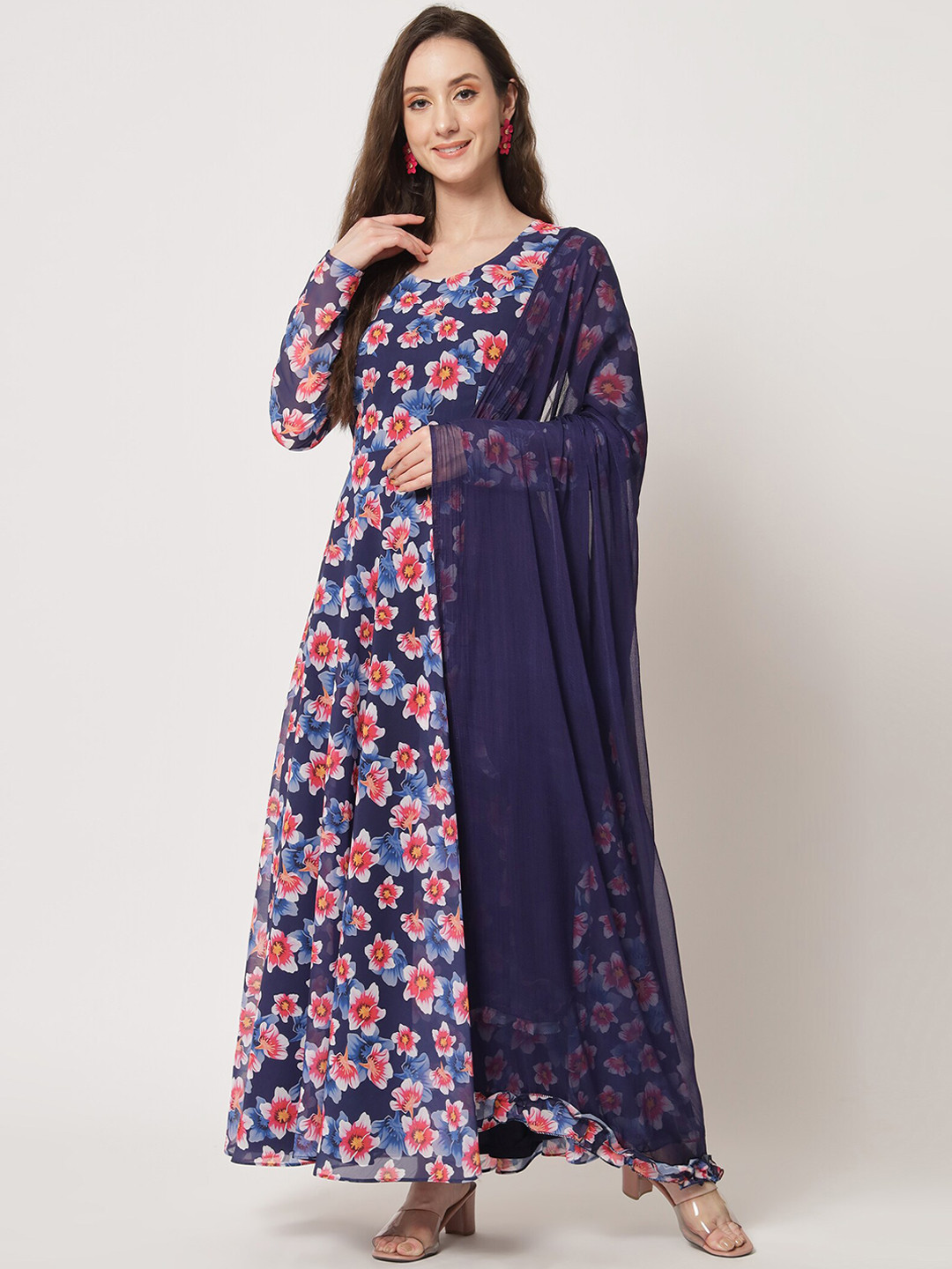 

KALINI Women Floral Printed Fit & Flare Maxi Ethnic Dress With Dupatta, Navy blue