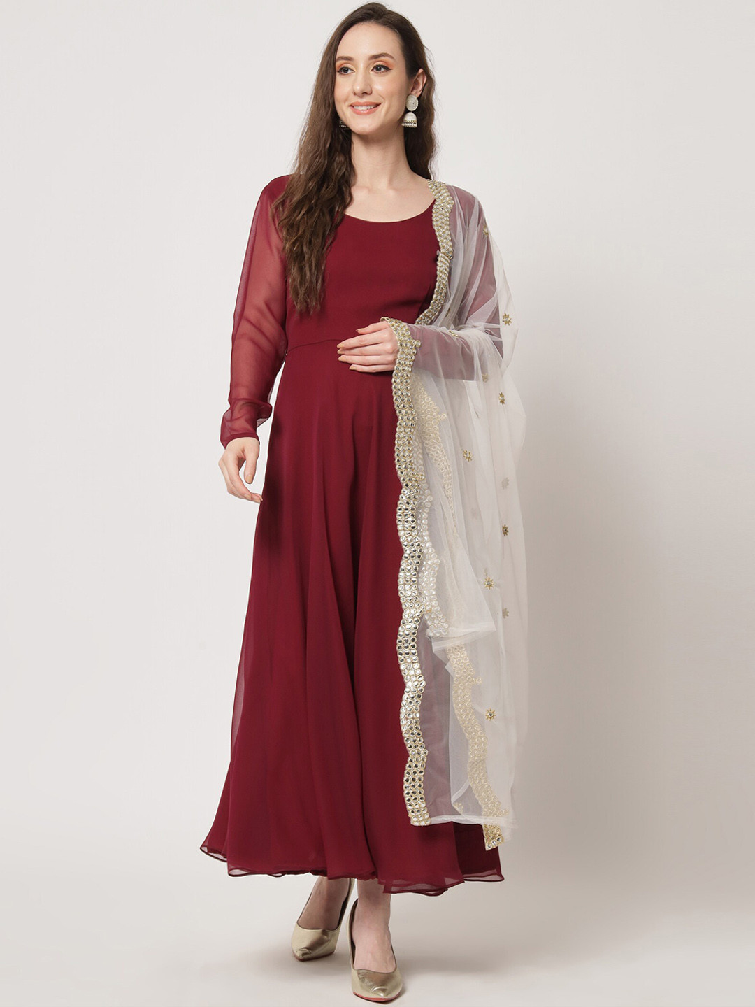 

KALINI Women Georgette Fit & Flare Maxi Ethnic Dress With Embroidered Dupatta, Maroon