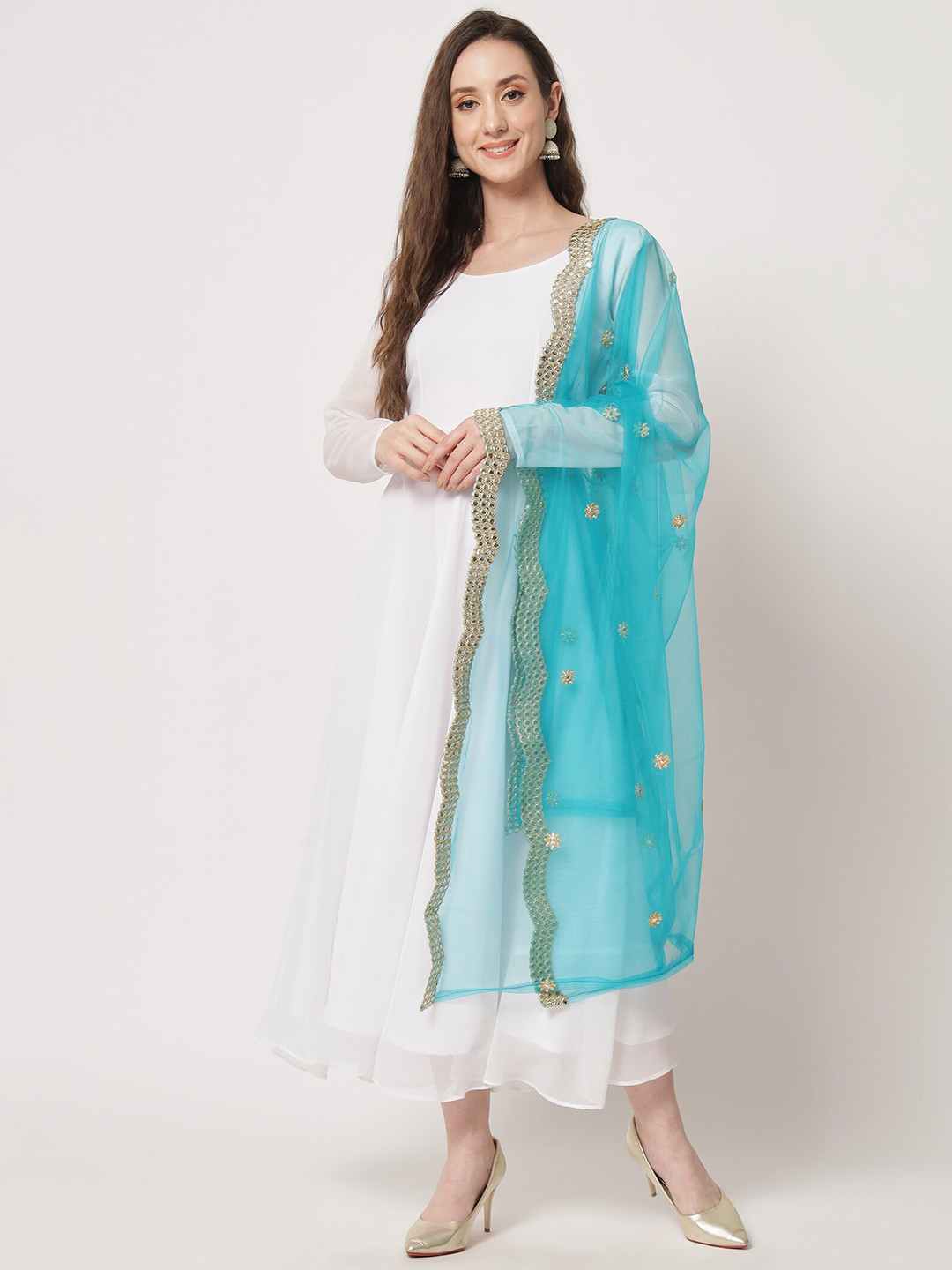 

KALINI Georgette Fit & Flare Maxi Ethnic Dress With Embroidered Dupatta, White