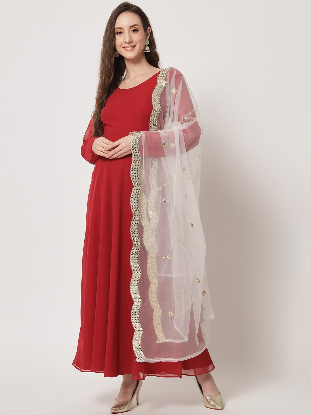 

KALINI Women Georgette Fit & Flare Maxi Ethnic Dress With Embroidered Dupatta, Red
