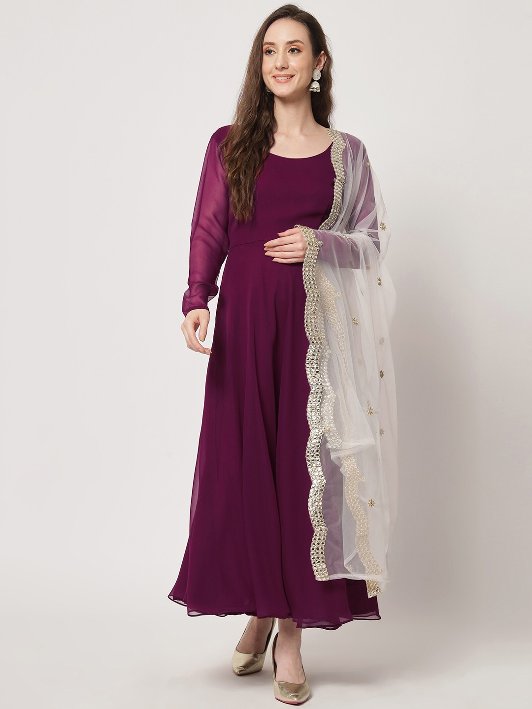 

KALINI Women Georgette Fit & Flare Ethnic Dress With Embroidered Dupatta, Burgundy