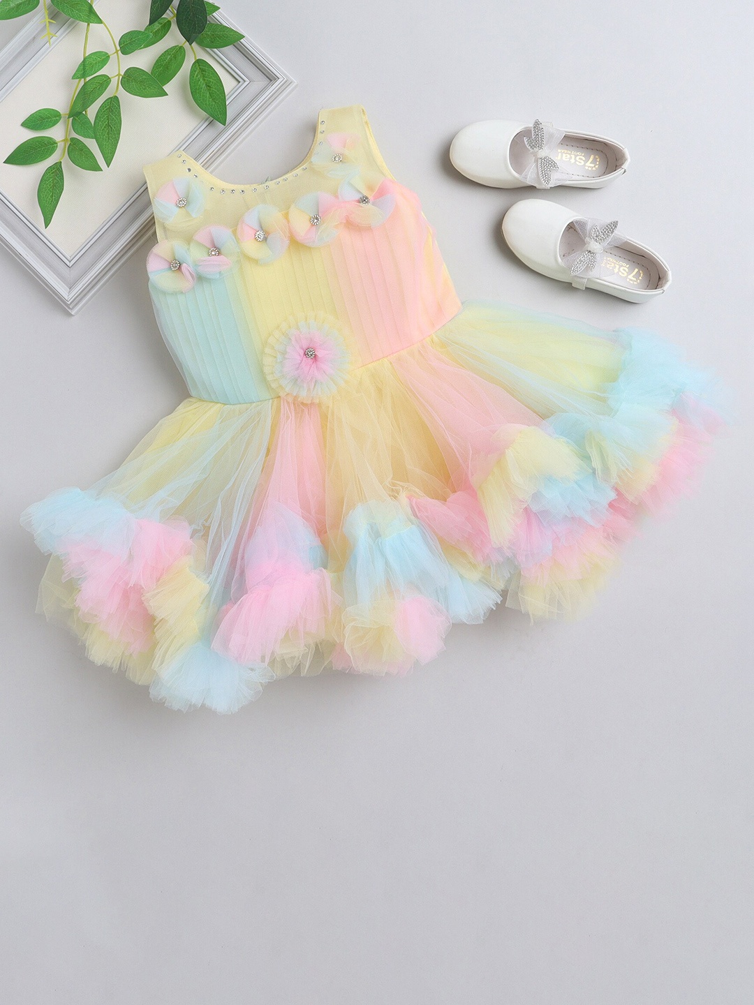 

MANY FROCKS & Girls Floral Print Net Fit & Flare Dress, Yellow