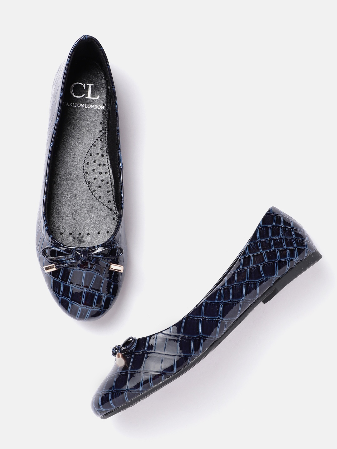 

Carlton London Women Croc Textured Ballerinas with Bows Detail, Navy blue